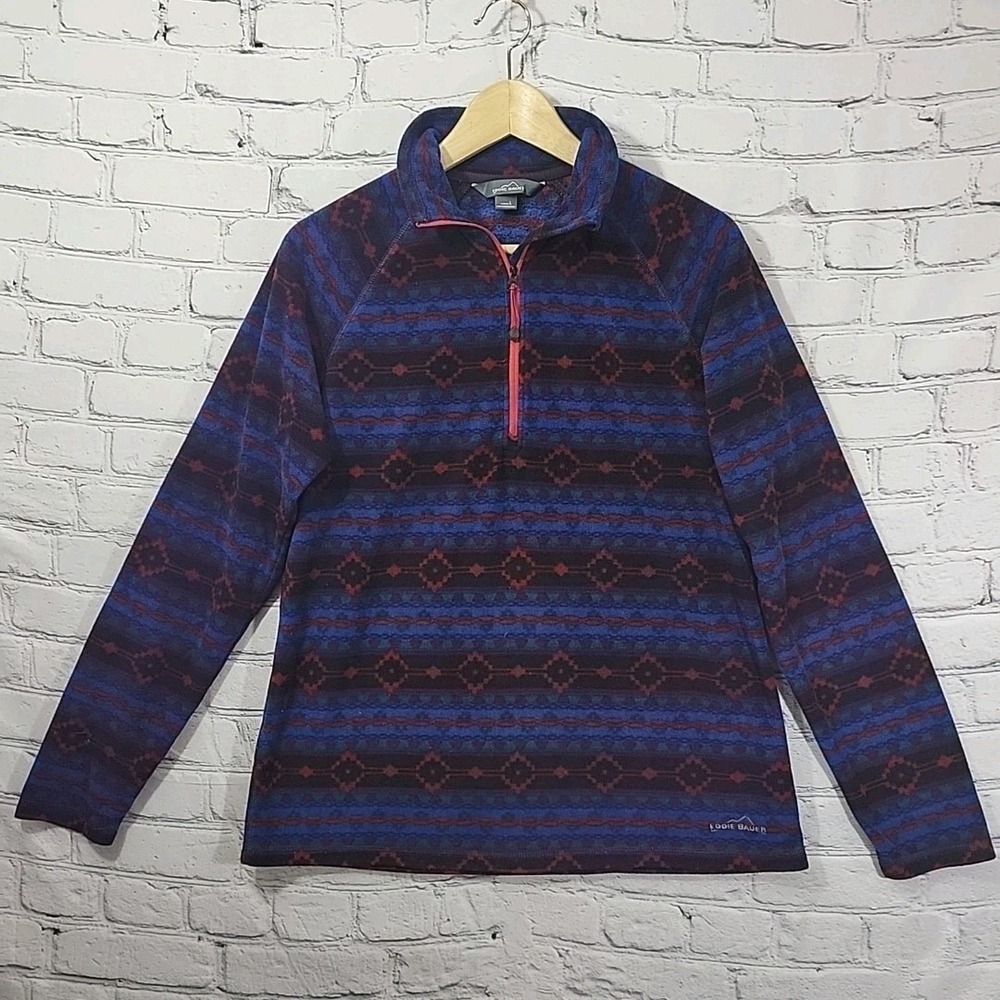 Eddie Bauer Fleece Pullover Jacket Womens Large Blue Aztec Tribal Outdoor Casual